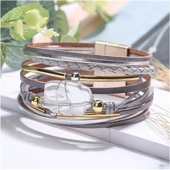 Bracelet for Women, Boho Leather Wrap Multi-Layer Pearl Crystal Bracelet Bangle - Picture 4 of 6